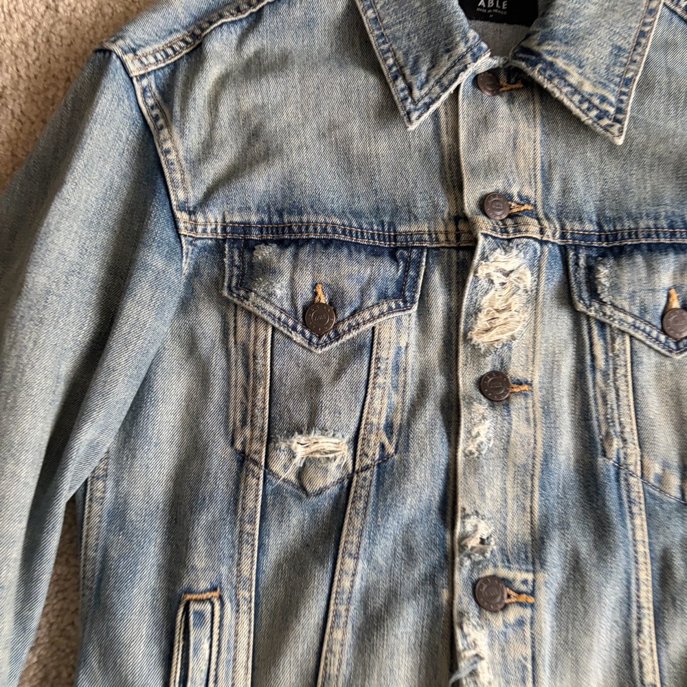 ABLE Women's Merly Denim Trucker Jacket Distressed Blue Closet Staple Sz Medium - Picture 6 of 14
